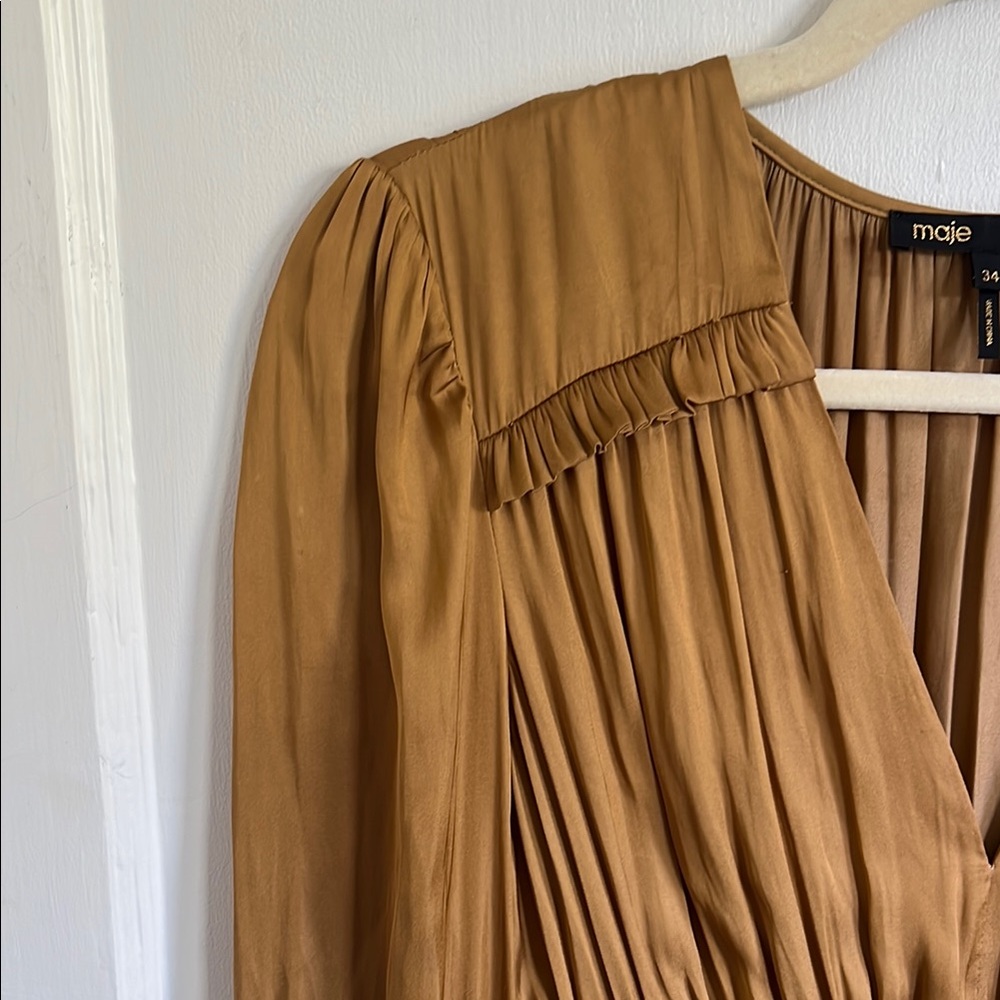 Maje Satin Ruched Rianne Gold Mini Dress - Picture 4 of 11
